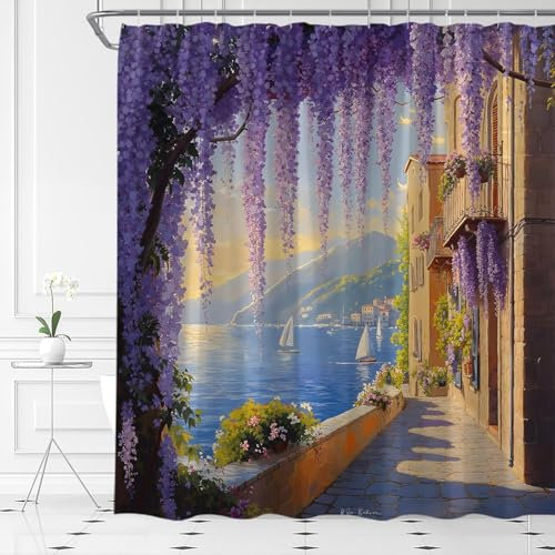 Latwerio Duschvorhang Italien 3D Duschvorhang Antischimmel 180x180 cm Venedig Badezimmer Vorhang Wasserdicht Duschvorhänge Waschbar Bad Vorhäng für Badewanne mit 12 Haken W424