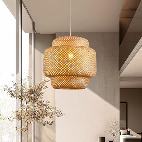 JOYINLED Deckenlampe Bambus Hängelampe Korb Boho Lampe Esszimmer Ø50cm Wohnzimmer Hängend Rattan Natur Küche Vintage E27 Retro 1,5m Textilkabel(keine Glühbirne)
