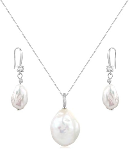 YAMI Barockperlen-Damenschmuckset (Halskette + Ohrringe), Weiße/Rosalila Barock Perlenohrringe, Anhänger Barockperlen 18 Zoll + 2 Zoll, Damenschmuck-Geschenk, für Jeden Anlass Geeignet