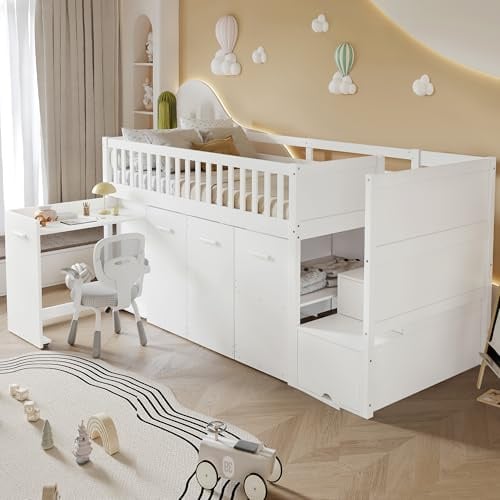 Trdlpyn Letto a Soppalco 90x200cm con Scrivanie Scorrevoli, Armadi e Armadietti, Scala Stoccaggio di Sicurezza, Letto Multifunzionale, Struttura letto in Legno per Bambini e Adolescenti, EN747