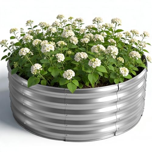 Bancal de jardín de Metal 90 x 90 x 43 cm, bancales elevados de Acero galvanizado para el jardín, bancal de huerto, bancal Elevado para Verduras, Hierbas, Flores, Plateado, Redondo