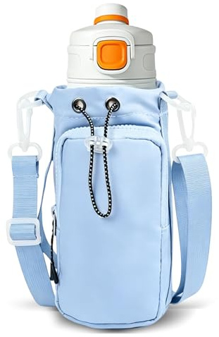 Hittriu Water Bottle Carrier 30-35oz, Cross Body & Shoulder Bottle Bag with Pocket & Strap & Handle, Drinks Bottle Pouch for Sport Shopping Camping (Blue)
