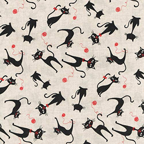 Textiles français Baumwollstoff | Die Schwarze Katze (Ecru Braun und Rot) | 100% Baumwolle | Stoffbreite: 140cm (1 Meter)