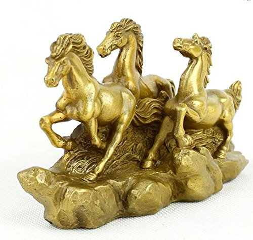Chinesische Fengshui Messing-Erfolgs-Tier-Sternzeichen 3 Pferde Statue Skulptur