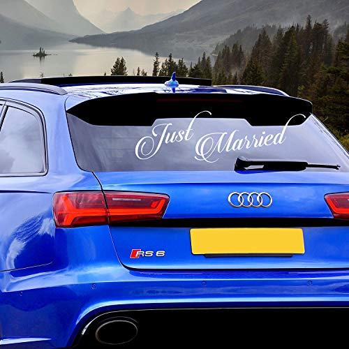 Just Married Auto Vinyl Hochzeitsaufkleber - Fensterglas Geschenk-Dekor Stick Angebot Fahrzeugaufkleber - Paar Braut abnehmbar weißes Schild Wandbild