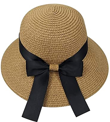 Moxamo Chapeau de Paille d'Été pour Femme - Floppy Large Bord avec Bowknot, Protection UV pour la Plage et le Soleil (Marron)