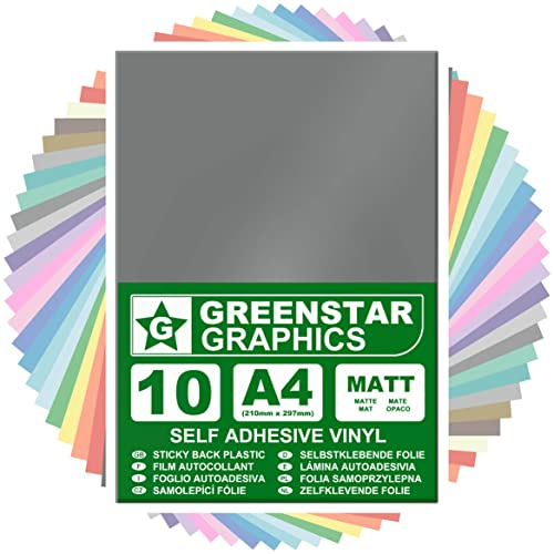 GREENSTAR GRAPHICS MATT A4 STICKY BACK PLASTIC SELF ADHESIVE ART & CRAFT VINYL (10 SHEET PACK). Compatible With 12” Cricut, Silhouette Cameo/Curio/Portrait, Scan N Cut (SILVER MATT 10 A4)