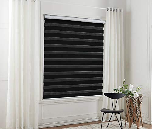 Taiyuhomes Day and Night Zebra Roller Blind Gradient Double Fabric Translucent or Blackout Vision Curtains for Window and Door with Aluminium Cassette (Pure black, Width 55cm X Height 150cm)
