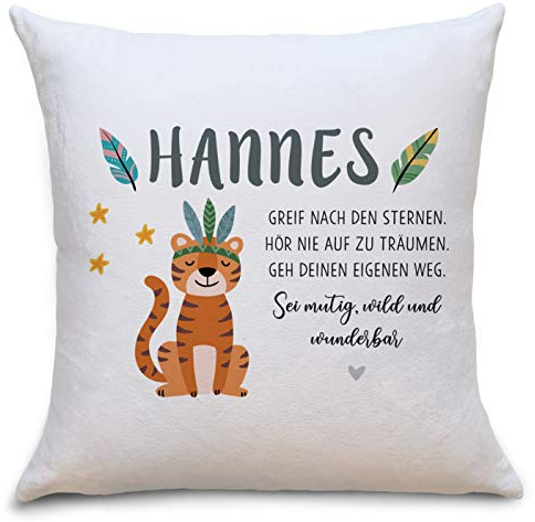 OWLBOOK Tiger Boho Flauschiges Kissen mit Füllung Personalisiert mit Namen Geschenke Geschenkideen für Bruder zum Geburtstag Geburt Baby Jungs