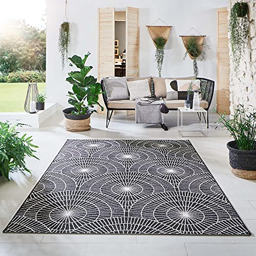 Steffensmeier Indoor Outdoor Teppich Nyland wasserfest Kunststoff Balkon Garten Flur, strapazierfähig und pflegeleicht, Kreise Schwarz, Größe: 80x150