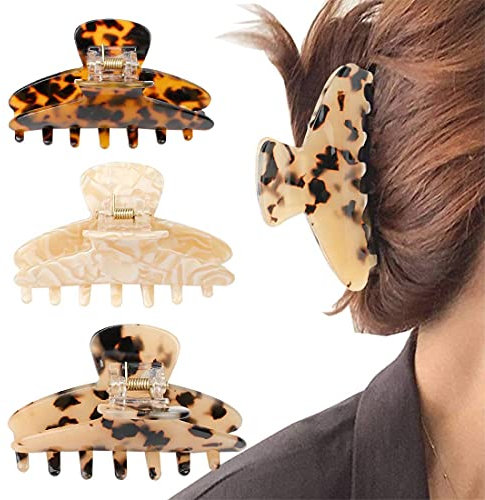 3 pinzas para el pelo Tortoise Claw para mujer, 3,5 pulgadas, con estampado de leopardo, diseño vintage francés, mandíbula grande para cabello grueso, fino, rizado, liso y largo