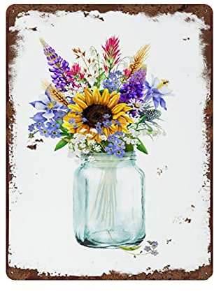 graman Wildblumen-Vintage-Blechschild, Blumenstrauß, Wanddekoration, Einmachglas, Blumenschild, Landhausdekoration, Sonnenblumen-Wandkunst, Heimdekoration, DIY-Dekoration, 40,6 x 30,5 cm