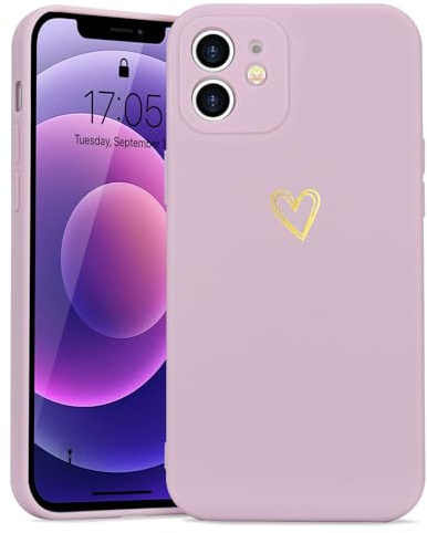 Wirvyuer for iPhone 12 Cute Heart Case for Women, Purple | Skin-feel Soft Silicone, Love-Heart Pattern Design Phone Case, Shockproof Protective Slim TPU Bumper Cover for Girls