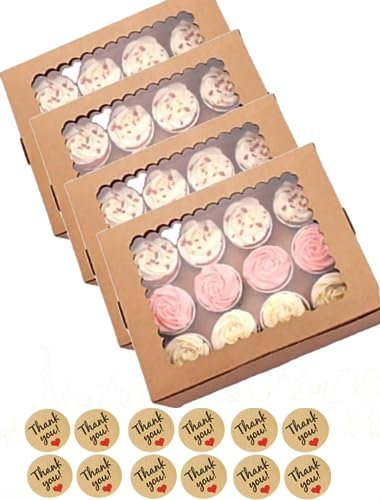 UNIQU Cupcake Boxes 12 Cavity Auto Pop Up with Window and Inserts, Kraft Bakery Cookie Boxes Cupcake Containers with Sealing Stickers (20 Pack, Brown)