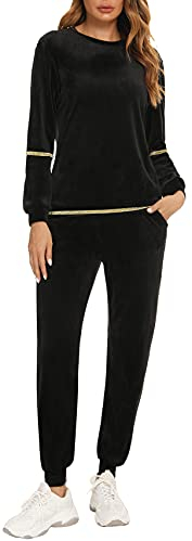 Enjoyoself Damen Nicki Hausanzug Samtweich 2 Teilig Trainingsanzug mit Paillette Warmer Schlafanzug Ohne Kapuze Rundhals Pullover+Relaxhose Schwarz,XXL