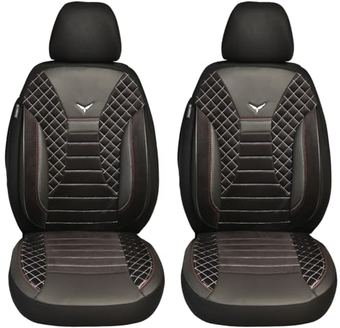 BREMER SITZBEZÜGE Maß Auto Schonbezüge kompatibel mit VW T6 T6.1 Transporter Fahrer & Beifahrer Set ab 2015-2021 / Auto Schonbezug Velour Kunstleder Set 2er Pack in Schwarz/Weiße Naht (PS808)