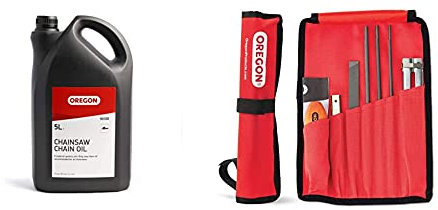 Oregon Chainsaw Chain and Guide Bar Oil, 5 Litre Bottle (90300) & Universal Chainsaw Field Sharpening Kit - Includes Round Files, Flat File, Handle, Filing Guide, and Pouch (617067)