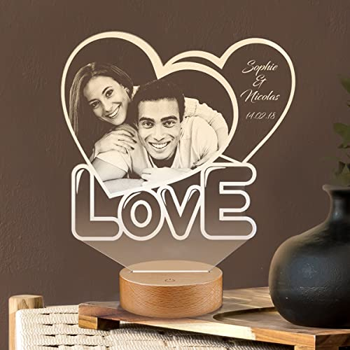 Lampephoto.fr, Lampe de chevet tactile Personnalisée par gravure laser avec télécommande, veilleuse adulte Photo et Texte Personnalisable, Lampe de chevet LED chambre Cadeau de Noël (coeur love 2)