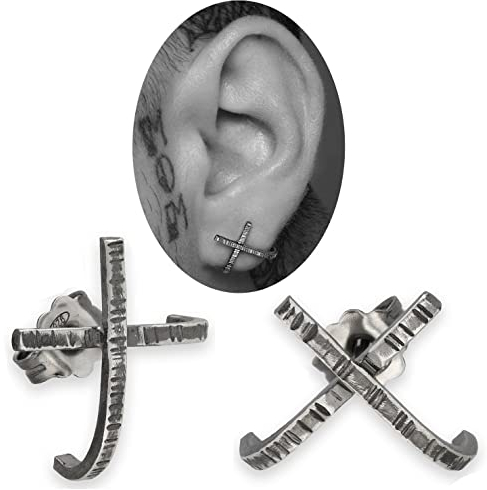 Herren X-Form Ohrstecker Ohrringe Oxidiert 925 Sterlingsilber - Geometrische Gothic Style - Gehämmert - Nickelfrei & Hypoallergen - Handmade by Emmanuela