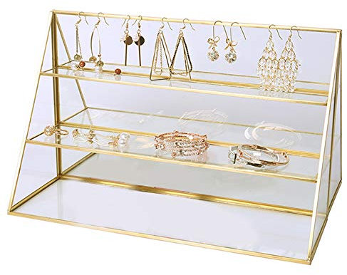 Vitrine à bijoux en verre à 3 étages avec cadre en métal doré