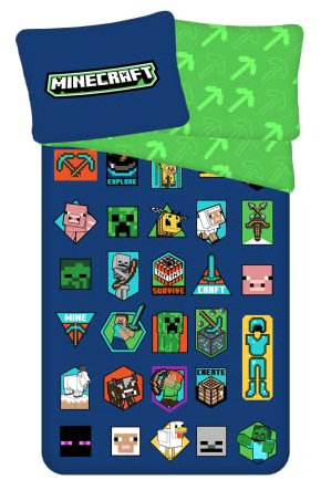 Kinder Bettwäsche Wendemotiv Minecraft Badges Creeper Schwein Schaf TNT Biene, blau grün, Bettbezug 140 x 200 cm, Kopfkissenbezug 70 x 90 cm, 100% Baumwolle