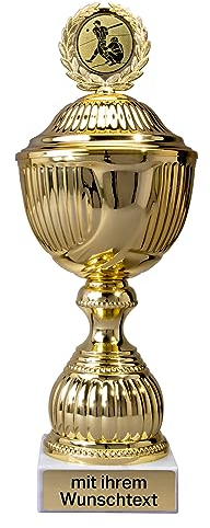 Deitert Pokal 12er Serie in Gold mit Deckel - 31 cm Trophäe mit Wunschtext graviert und Sportemblem nach freier Auswahl - Sportpokal mit Marmorsockel für Ihre Siegerehrung 59220