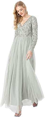 Maya Deluxe Soirée Manches Longues Col en V Décolleté Plongeant Orné de Paillettes Robe Mariage Femme Invitée Promo, Lys Vert, 34