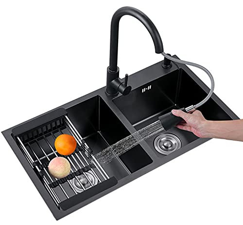 Undermount Kitchen Sink, Black Nano Stainless Steel Sinks, Double Bowl, Inset Square Drop Sink for Kitchen Bar Small Restaurant