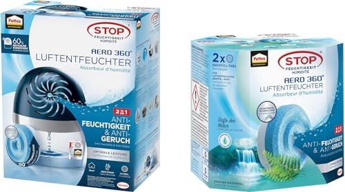 Bundle aus Pattex AERO 360º Luftentfeuchter, ultra-absorbierender Raumentfeuchter gegen Kondenswasser, Schimmel- und Modergeruch, 1 Gerät inkl. 1 Nachfülltab 450g + Pattex AERO 360° Frischer Wasserfal