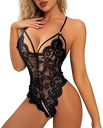 Satohom One Piece Teddy Bodysuit for Women UK, Sexy Lingerie Lace Babydoll Bedroom, Ladies Sexy V Neck Chemise Strappy Underwear, XS-2XL