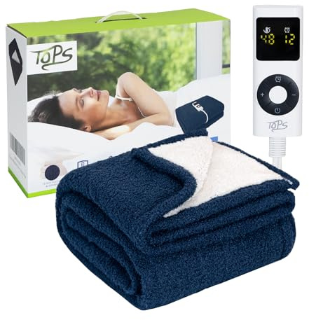 TOPS Electric Blanket, Heated Throw Blanket 160 x 130cm, 20-48℃ Heat Settings, 1-12 Hours Auto-off Timer, Warm Sherpa Double Bed Warmer, Overheat Protection, Machine Washable