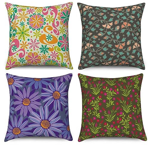 ASDCXZ Set di 4 federe per cuscino, 50 x 50 cm, stile moderno, stile bohémien, colore lilla, motivo floreale, per divano, cuscino decorativo, lavabile, in poliestere, lino, per esterni