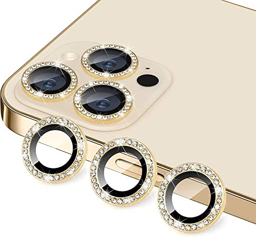 GIOPUEY Camera Protector for iPhone 15 Pro Max, Bling Crystal Diamond Camera Protection Ring, 9H HD tempered glass, iPhone 15 Pro Camera Lens Protector - Gold