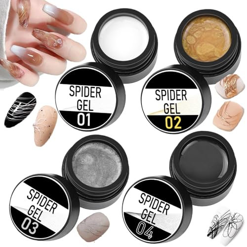 4 Colours Spider Gel for Nail Art 3D Elastic Painted Nail Gel Polish for Pulling Drawing Line Nail Decoration Spider Nail Art Polish Apply With Chrome Powder for Line DIY Manicure Set(4pcs)