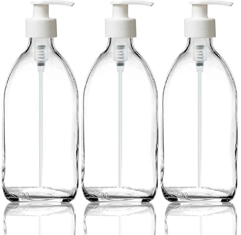 Fam Organic 500ml Clear Glass Bottle with Plastic Pump Refillable Soap Dispenser for Lotion, shampoo, conditioner, Body wash, Hand Wash. BPA Free - Eco Friendly (Clear 500ml - White Pump - Pack of 3)
