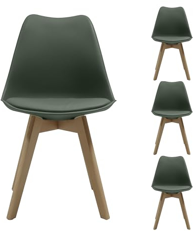 Homely | Pack de 4 Sillas de Comedor - Day | Asiento de Polipropileno | Silla Diseño Nórdico | Respaldo Ergonómico | Patas Madera de Haya | Silla para Comedor, Dormitorio, Cocina | Color Verde Oscuro