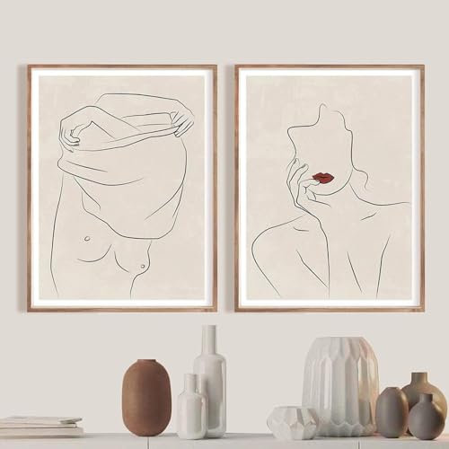 Moderne Frau aus der Mitte des Jahrhunderts, Linienzeichnung, Druck, minimalistischer Akt, Kunst, Leinwandgemälde, Poster, Heimdekoration, Wandbild für Badezimmer, 40 x 60 cm x 2, rahmenlos
