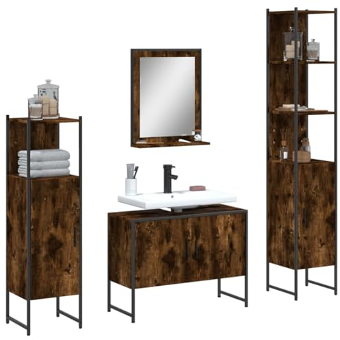 Tidyard 4-TLG. Badmöbel-Set Badezimmer Komplettset, Spiegelschrank, Badezimmerschrank, Badschrank,Räuchereiche Holzwerkstoff