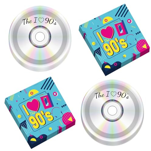 CHUNNIN 50Pcs 90's Mix CD Dessert Plates & Napkins - Retro 90s Theme Party Decorations - Serves 25 Guests - Paper Material - All Seasons - Graphic Pattern - CD 90s Birthday Party