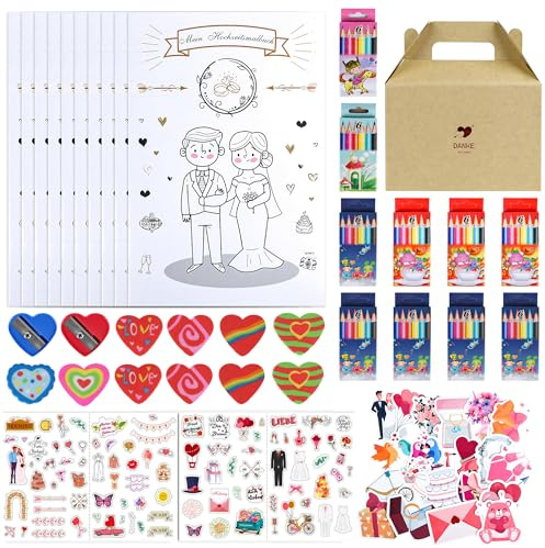 Hochzeitsmalbuch 10er Set inder inkl. Buntstiften & Aufkleber - Gastgeschenk für jede Hochzeit - Kinder Malbuch Set als Beschäftigung, Gäste Notfallkörbchen Hochzeit Gastgeschenke für Unterhaltung