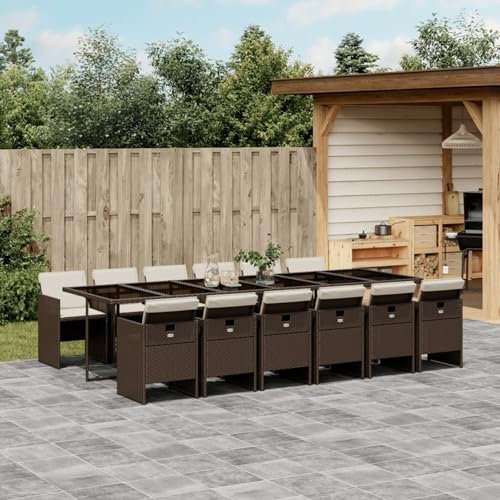 Homgoday 13-TLG. Garten-Essgruppe mit Kissen Gartenmöbel Set Gartenstuhl mit Tisch Balkonmöbel Sitzgruppe Essgruppe für 12 Personen für Garten, Terrasse, Balkon Braun Poly Rattan
