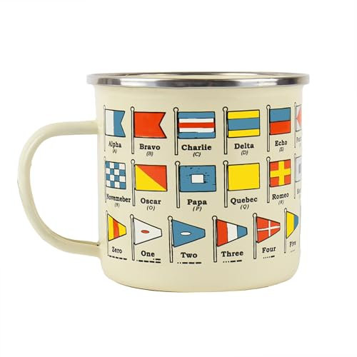 Gift Republic Nautical Flags Enamel Mug, Outdoor Camping Cup, 500 ml Metal Coffee Cup, Sailing Gift Idea Nautical Design