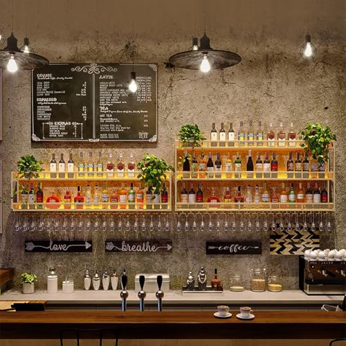 Porte-Verre À Vin Suspendu Mural Pour Bar Boissons, Porte Bouteille Muraux Métalique Étagère À Vin, Range Bouteille Avec Lumière LED,Etagere A Vin, Étagère Murale À Bouteilles(Gold,Small(31x21in(80x54