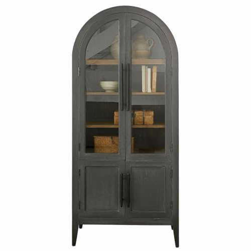 LOBERON Schrank Chaloraine , antikgrau | Vitrine, Grau mattiertes Mangoholz, Naturbelassenes Innenholz, Elegante Bogenform