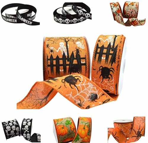Happy Halloween Ribbon in a Range of Spooky Designs & Sizes - for Gift Wrapping, Decoration, Party Etc (Orange Halloween Scene, 10 Metre Roll x 38mm)