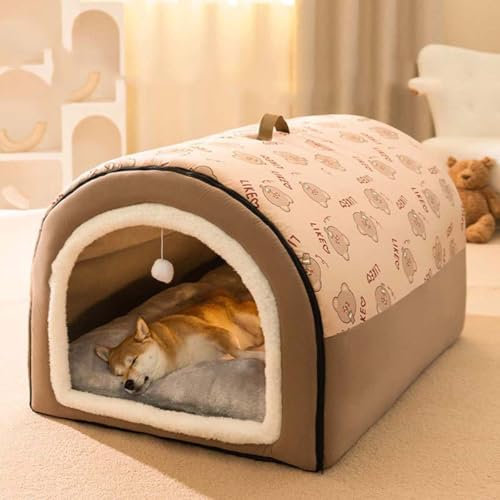 2-in-1 großes Hundebett & Zwinger – weiches warmes Kissen, rutschfestes Haustier-Iglu, waschbar (XL: 75 x 50 x 50 cm, Braun)
