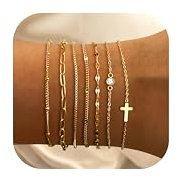 Krfy 7Pcs Armband Damen Edelstahl Ketten Armbänder Set 14 Karat Vergoldet Armbander Set Verstellbare Stapelbare Kettenarmband für Damen Mädchen