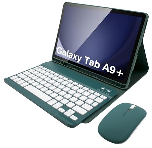 HLTOOP Keyboard Case for Samsung Galaxy Tab A9 Plus/A9+ 5G 11 Inch (SM-X210/X216/X218), Detachable Bluetooth Keyboard, Pencil Holder,Dual Mode Mouse,Deep Green