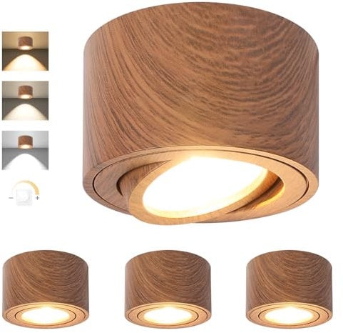 GeyouLux LED Aufbauspot Dimmbar - Extra Flach & 30° Schwenkbar Ø80x50mm Deckenspots Dunkles Holz - inkl. 5W 500LM LED Modul 230V - 3000K/4000K/6500K Aufbauleuchte Aufputz Spots Aufbaustrahler 4 Stück