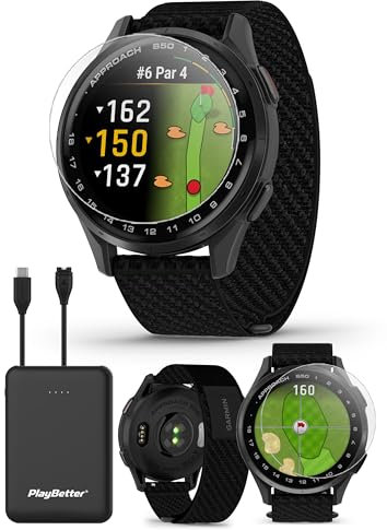 Garmin Approach S50 (Slate/Black) Golf GPS Smartwatch Bundle - Display AMOLED da 1,2 pollici, funzioni in corso, frequenza cardiaca da polso con protezioni schermo PlayBetter e caricabatterie